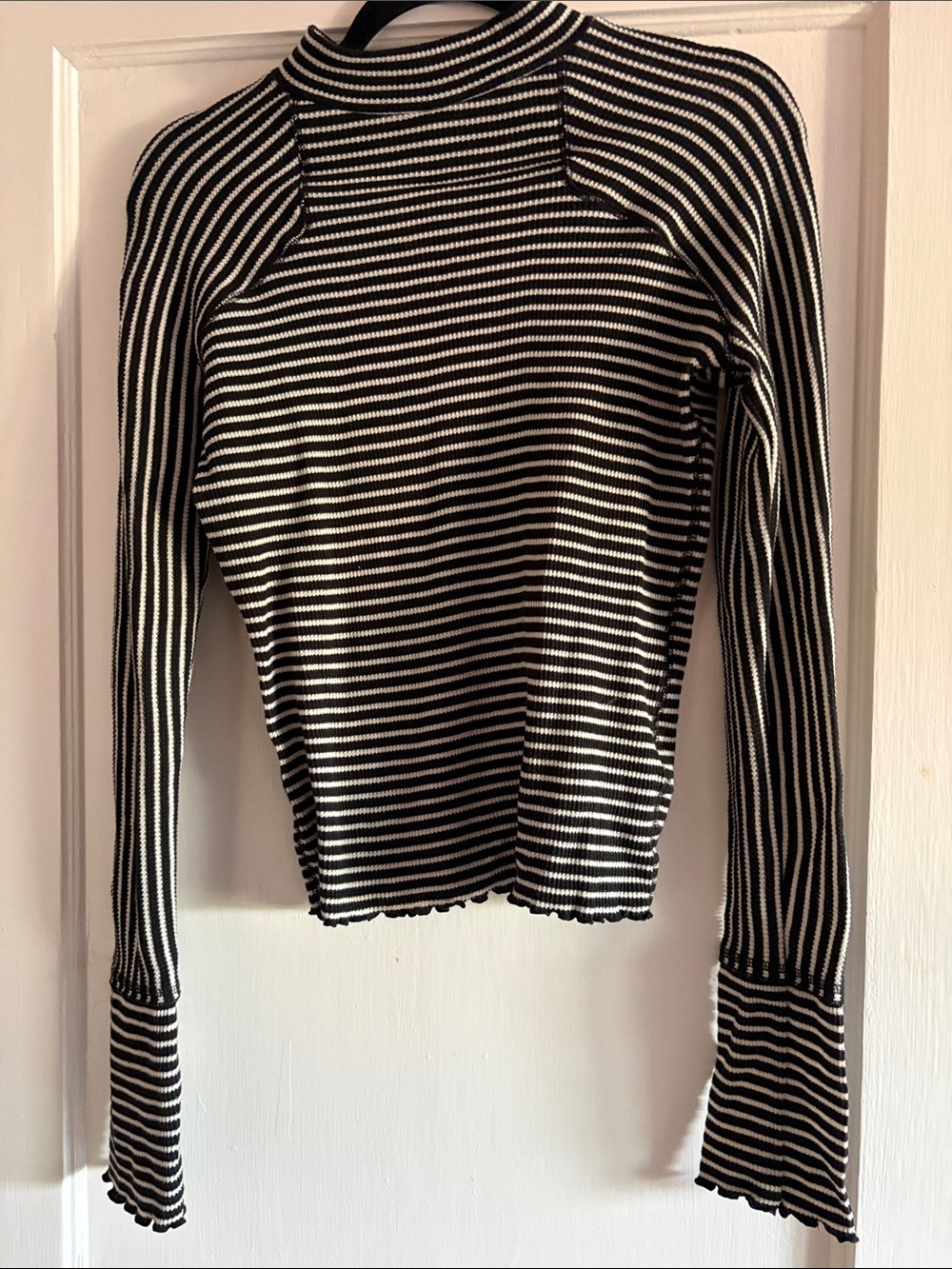 Free People Black and White Striped Ribbed Long Sleeve Top